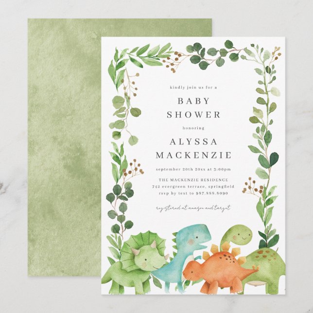Dinosaur Baby Shower Inbjudan (Fram/baksida)