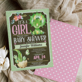 Dinosaur Baby Shower-inbjudan Flickor, Grönt och R Inbjudningar