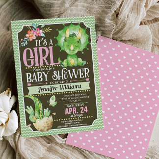 Dinosaur Baby Shower-inbjudan Flickor, Grönt och R Inbjudningar