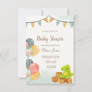 Dinosaur Baby Shower Inbjudan | Grön & Gul 