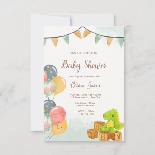 Dinosaur Baby Shower Inbjudan | Grön & Gul  (Framsida)