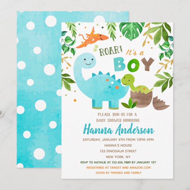 Dinosaur Baby Shower-inbjudningar till Pojke Dino Inbjudningar (Fram/baksida)