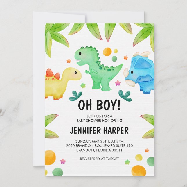 Dinosaur Baby Shower-inbjudningsmall, EDITABLE Inbjudningar (Framsida)