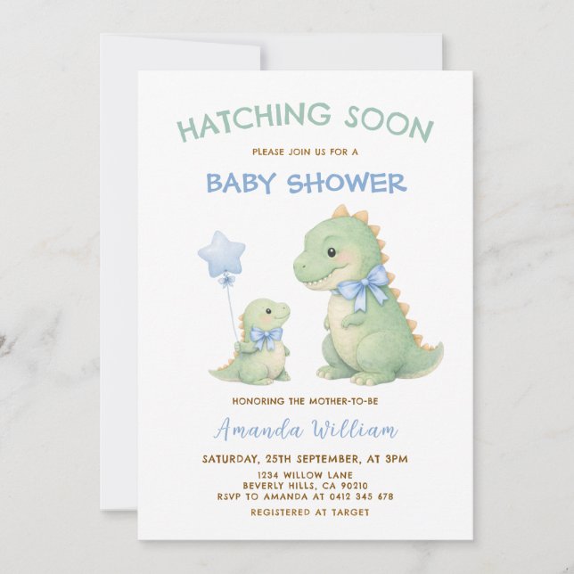Dinosaur Baby Shower invitation Hatching Soon Inbjudningar (Framsida)