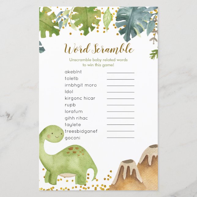 Dinosaur Baby Shower Ord Scramble Game (Framsida)