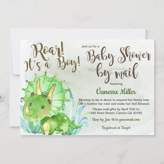 Dinosaur Baby Shower via post inbjudan (Framsida)