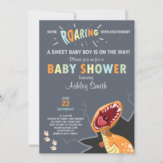 Dinosaur Babyduschinbjudan Dino Pojke Blue Inbjudningar (Framsida)
