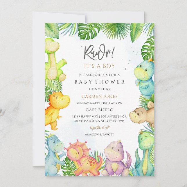 Dinosaur Babyshower för Pojke Grön Inbjudningar (Framsida)
