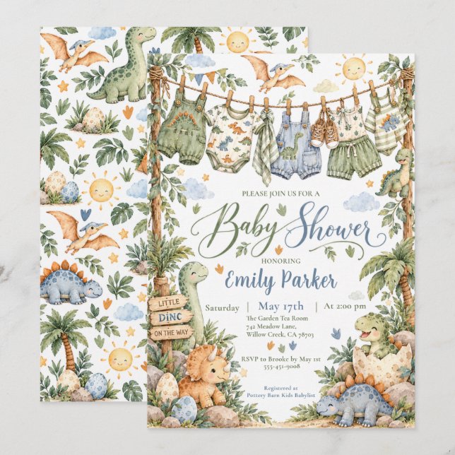 Dinosaur Babyshower Inbjudningar (Fram/baksida)
