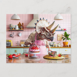 Dinosaur Baking Cake in Retro Kitchen Helg Vykort