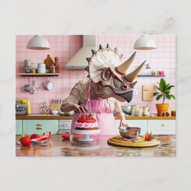 Dinosaur Baking Cake in Retro Kitchen Helg Vykort (Framsida)