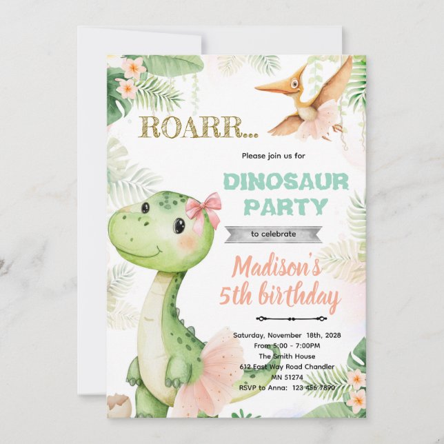 Dinosaur ballerina birthday party invitation inbjudningar (Framsida)