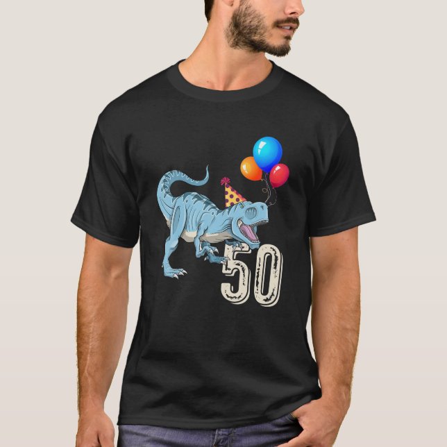 Dinosaur Balloon T Rex 50th Birthday Kid Boy Girl T Shirt (Framsida)