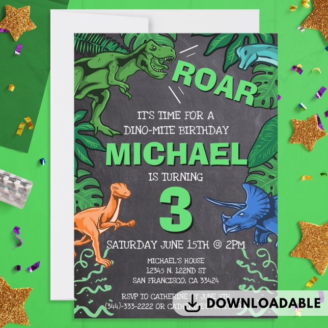 Dinosaur Barns födelsedag Dino Trex Chalkboard Boy Inbjudningar (Dinosaur Kids Birthday Dino Trex Chalkboard Boy Invitation)