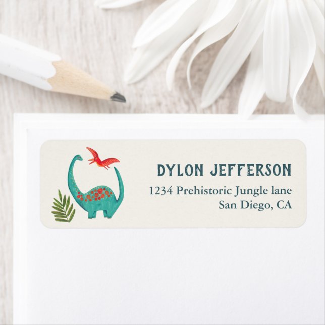 Dinosaur barns födelsedag party returadress etikett (Insitu)