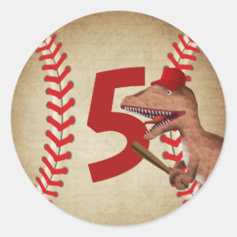 Dinosaur Baseball Boys 5:e Födelsedagsfesten Runt Klistermärke
