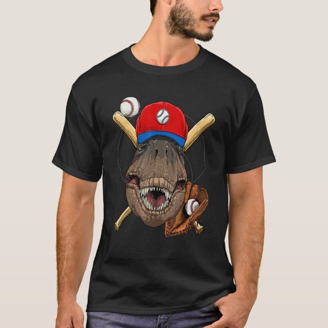 Dinosaur Basebollspelare Rex Pitcher Catcher Träna T Shirt (Framsida)