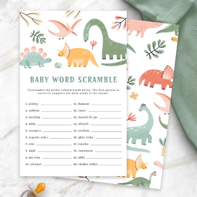 Dinosaur Bebis Baddare Lek (Dinosaur Baby Shower Baby Word Scramble Game Card by Painted Paperie)