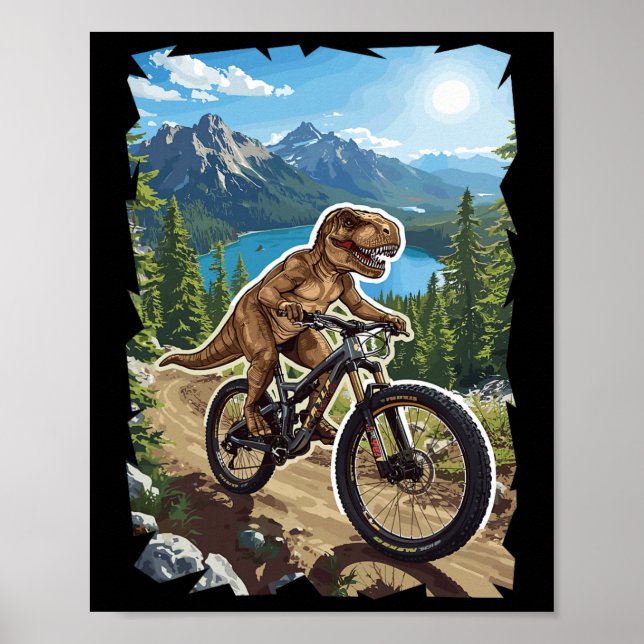 Dinosaur Berg Cyklar Genom Skog Stig  Poster (Framsidan)
