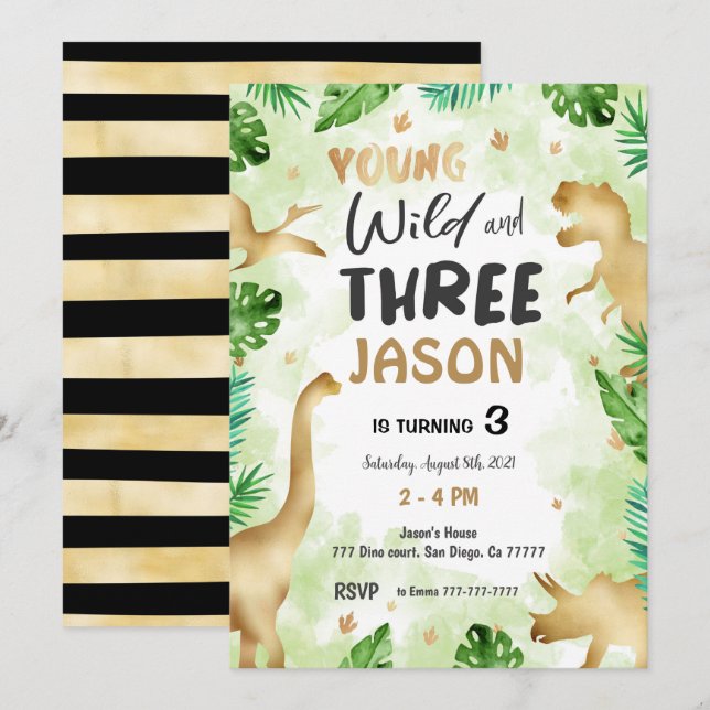 Dinosaur Birthday, 3:e födelsedagen Inbjudningar (Fram/baksida)