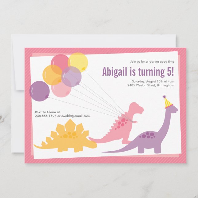 Dinosaur Birthday Balloon Rosa Lila Party Inbjudningar (Framsida)