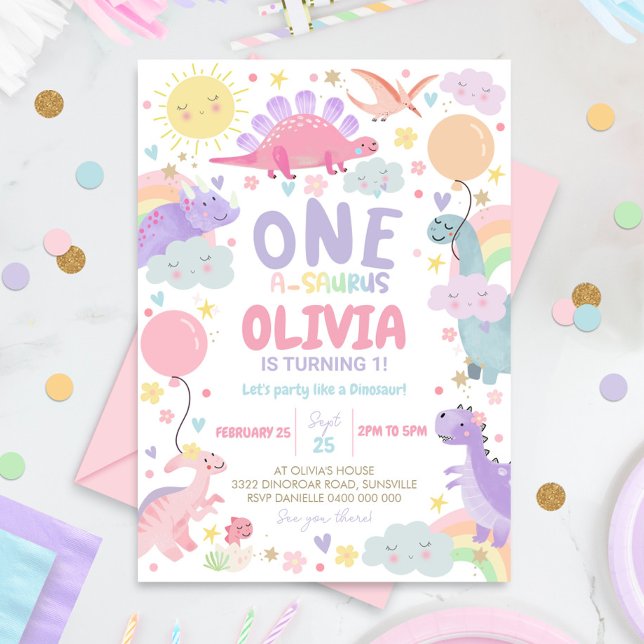 DINOSAUR BIRTHDAY Bjud Girl One-a-saurus Inbjudningar (Girl Dinosaur 1st Birthday Invitation)