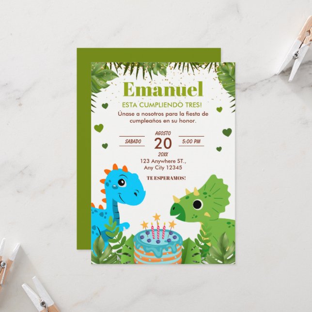 Dinosaur Birthday Bjud, spanska Inbjudningar (Fram/Back In Situ)