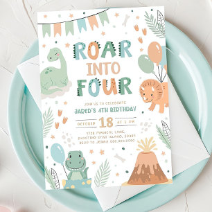 Dinosaur Birthday bjudande Fyra Cute Baby Dino 4 Inbjudningar