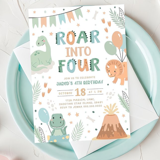 Dinosaur Birthday bjudande Fyra Cute Baby Dino 4 Inbjudningar (Skapare uppladdad)