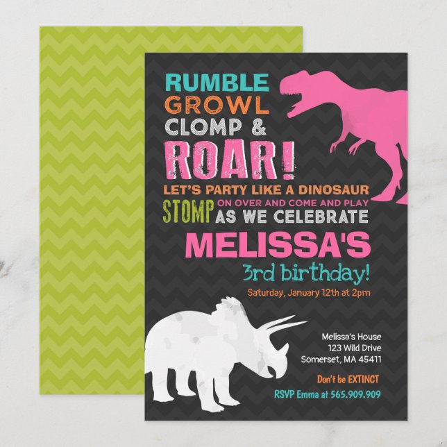 Dinosaur Birthday bjudande Girl Dinosaur Party Inbjudningar (Fram/baksida)