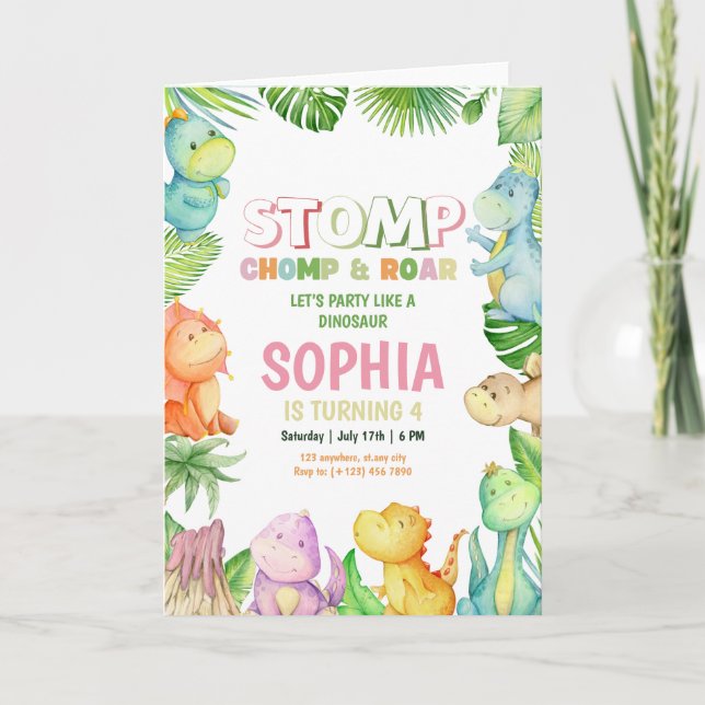 Dinosaur Birthday bjudande Girls Dino Birthday Inbjudan (Framsida)