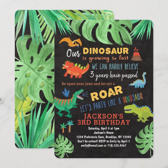 Dinosaur Birthday bjudande in till Roar Dinosaur P Inbjudningar (Fram/baksida)