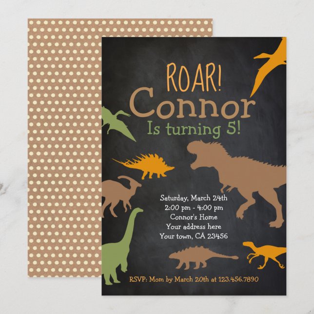 Dinosaur Birthday bjudande, Roar Party Inbjudningar (Fram/baksida)