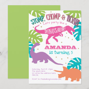 Dinosaur Birthday bjudande, Rosa, Flickans födelse Inbjudningar