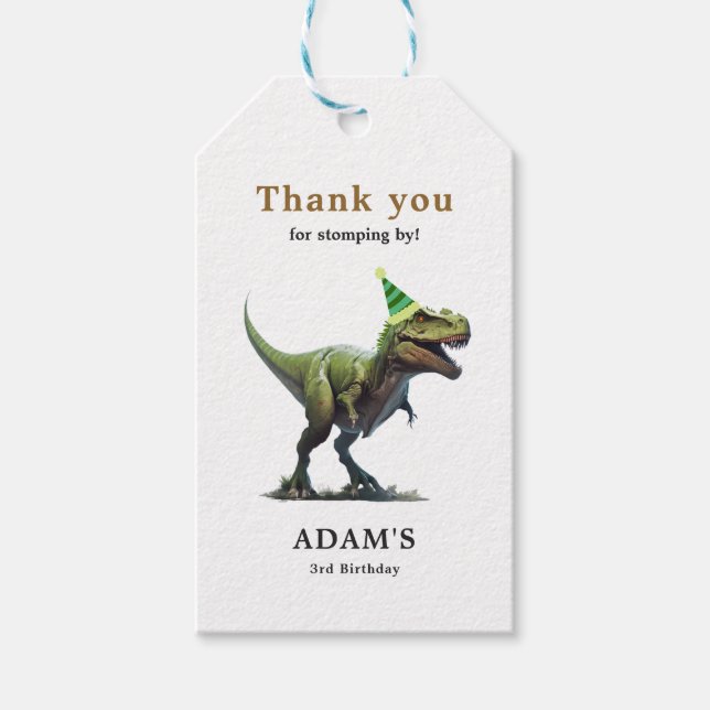 Dinosaur Birthday bjudande, tre rex Birthday Presentetikett (Framsidan)
