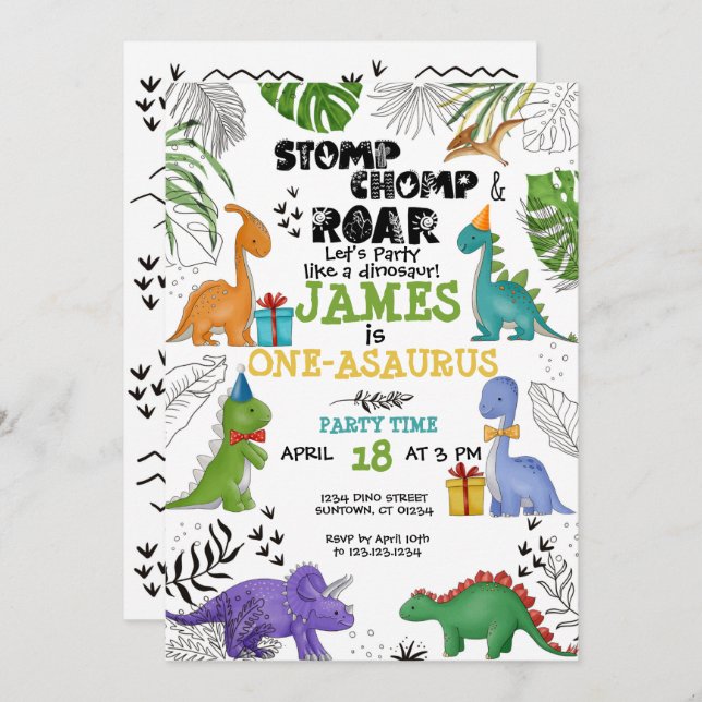 Dinosaur Birthday Boy - vattenfärgad flicka Inbjudningar (Fram/baksida)