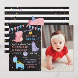 Dinosaur Birthday Chalkboard Rosa Dino Party Photo Inbjudningar