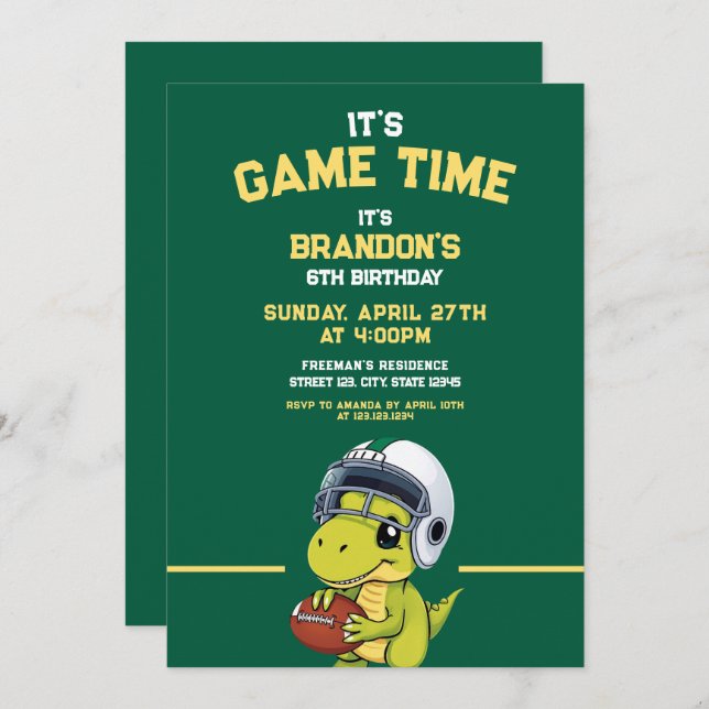 Dinosaur Birthday för cute-Grönt och Gult Inbjudningar (Fram/baksida)