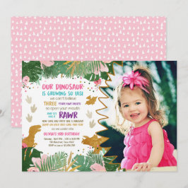 Dinosaur Birthday Girl Guld Rosa Lämna Dino Inbjud Inbjudningar