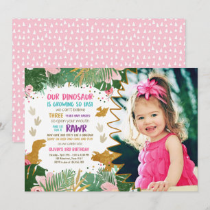 Dinosaur Birthday Girl Guld Rosa Lämna Dino Inbjud Inbjudningar