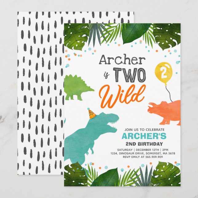 Dinosaur Birthday Inbjudan 2 Vild Dinosaur Party (Fram/baksida)