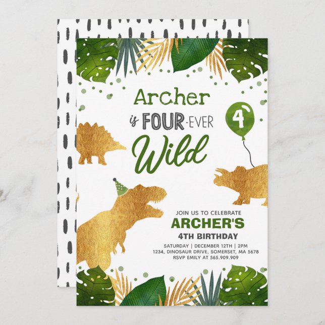 Dinosaur Birthday Inbjudan 4 Vild Dino Party (Fram/baksida)