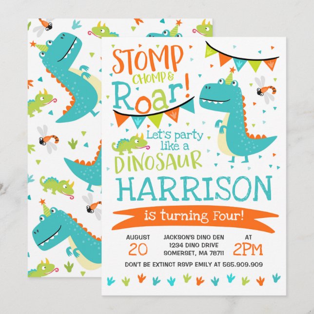 Dinosaur Birthday Inbjudan Dinosaur Roar Party (Fram/baksida)