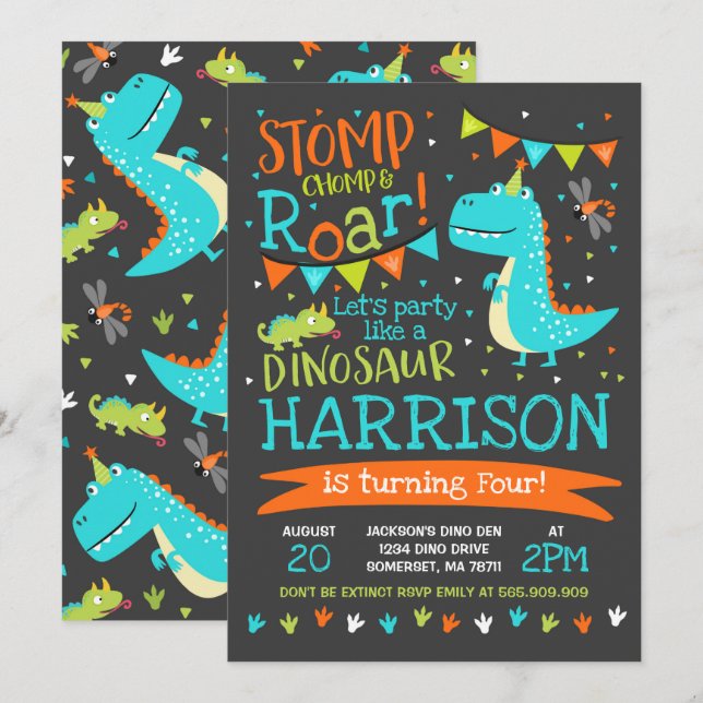 Dinosaur Birthday Inbjudan Dinosaur Roar Party (Fram/baksida)