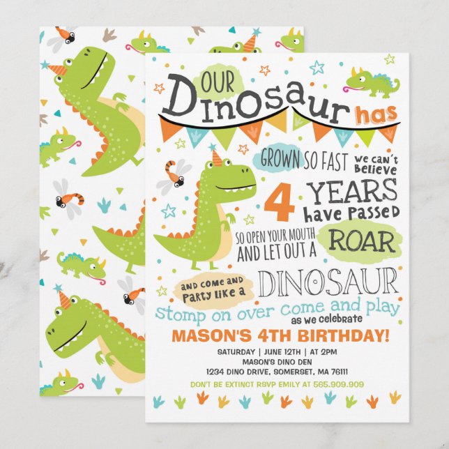 Dinosaur Birthday Inbjudan Dinosaur Roar Party (Fram/baksida)