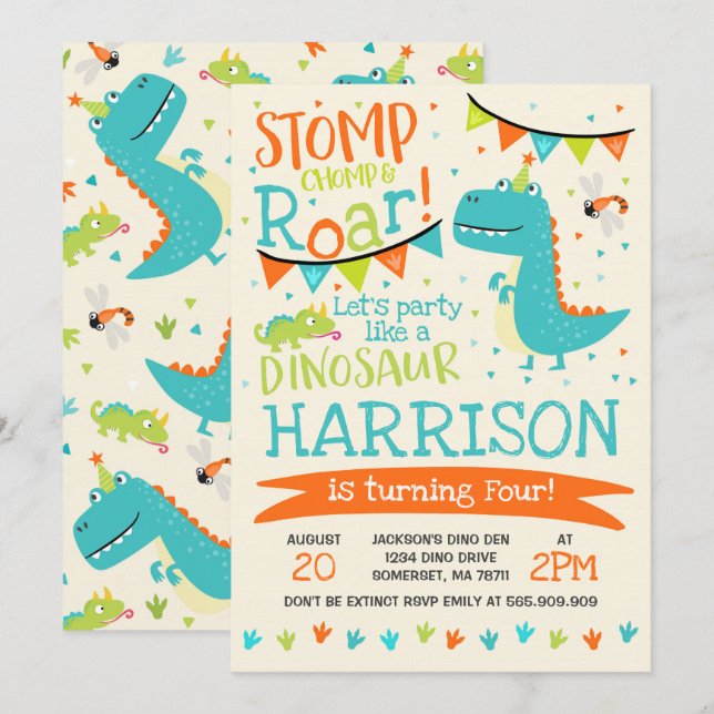 Dinosaur Birthday Inbjudan Dinosaur Roar Party (Fram/baksida)