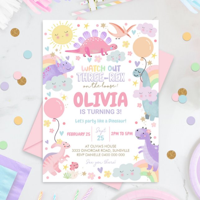 DINOSAUR BIRTHDAY-inbjudan Flicka tre Rex Inbjudningar (Watch out Three Rex is on the loose! Girl Dinosaur 3rd Birthday Invitation)