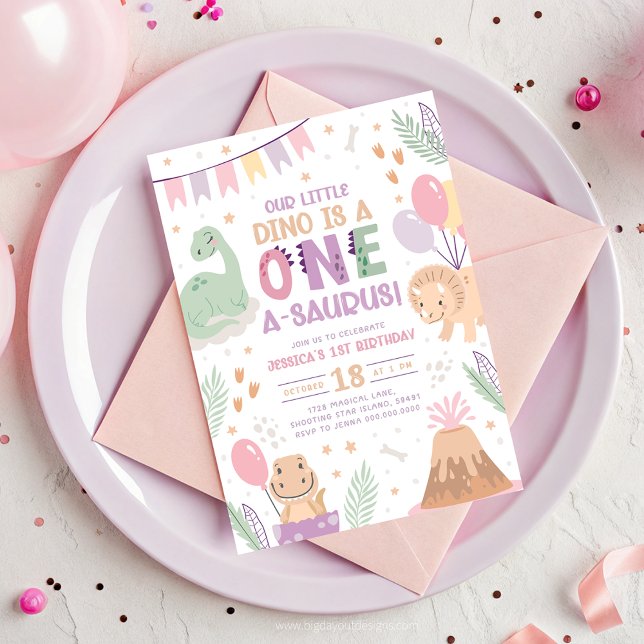 Dinosaur Birthday Inbjudan One. Rosa Cute Baby Din (Skapare uppladdad)