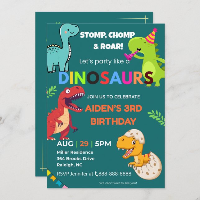 Dinosaur Birthday-inbjudan - redigerbar | Platt bi Inbjudningar (Fram/baksida)