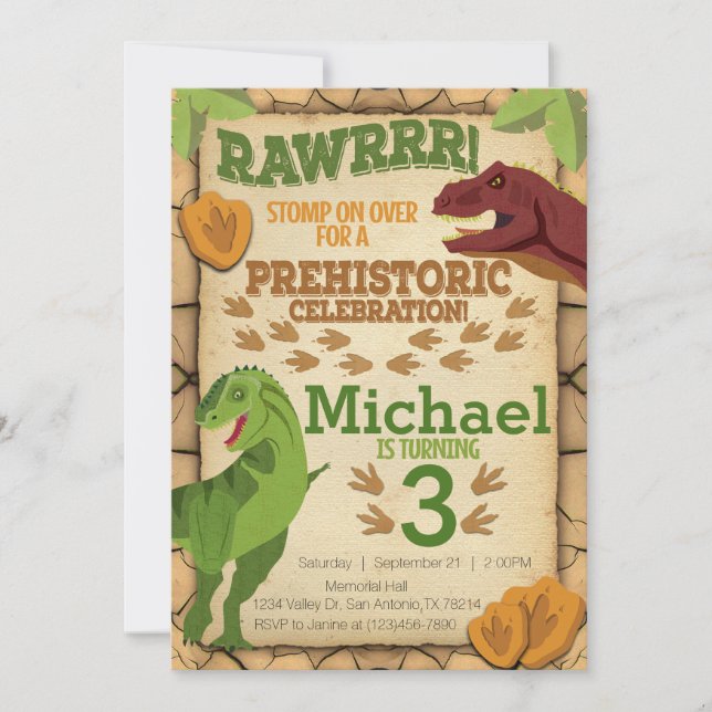 Dinosaur Birthday-inbjudan, T-Rex-inbjudan Inbjudningar (Framsida)